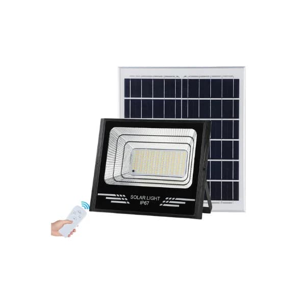 ESG Outlet solar LED floodlight with its solar panel and remote control